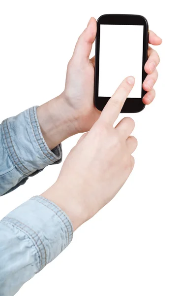 Hand i skjorta att klicka smartphone isolerade — Stockfoto