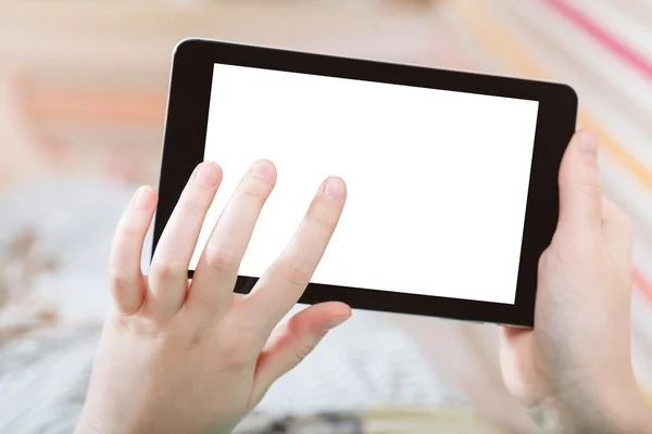 Girl uses tablet pc with cut out screen — Stock Photo, Image