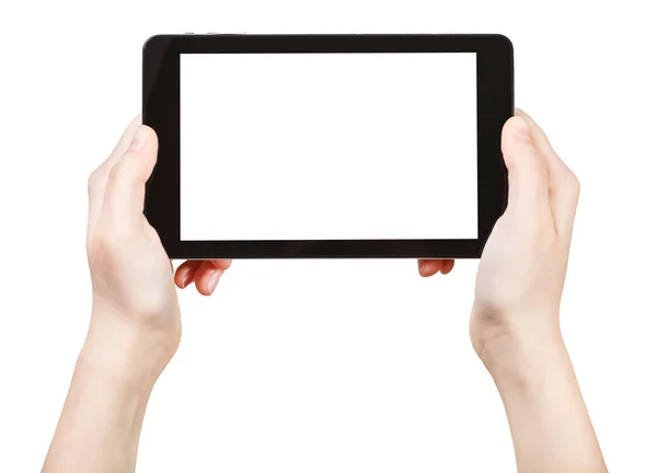 Ruce drží tablet pc s vyříznout z obrazovky — Stock fotografie
