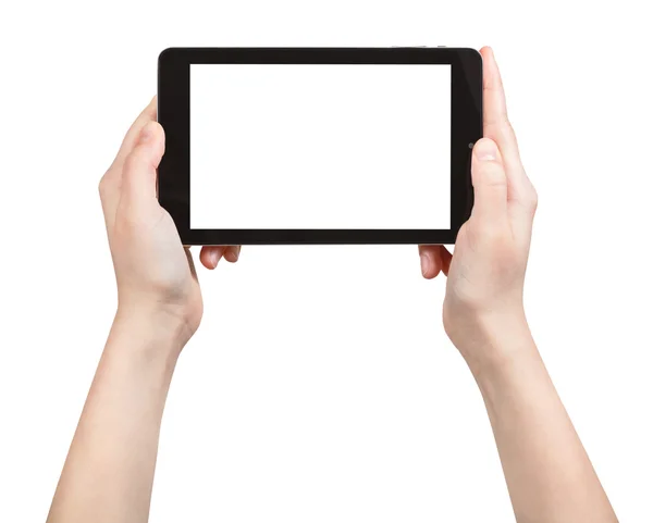 Hands holding tablet pc with cut out screen — Stock Photo, Image