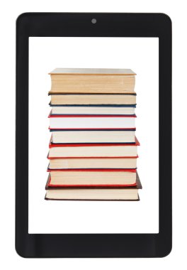 üstünde perde-in tablet pc izole kitap yığını