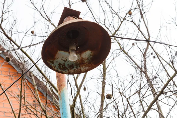 Rusty lantern with electric light bulb in spring — Stock Photo, Image