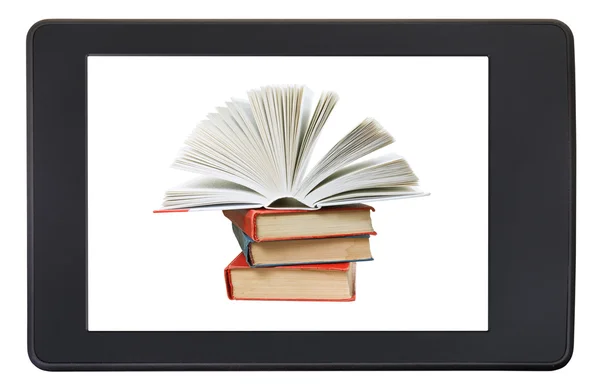 Pile books on screen of e-book reader isolated — Stock Photo, Image