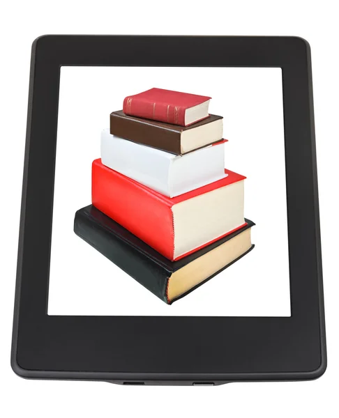 Pila de libros en la pantalla del lector de libros electrónicos — Foto de Stock