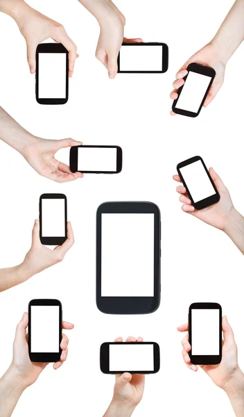 Conjunto de manos sosteniendo teléfonos inteligentes —  Fotos de Stock