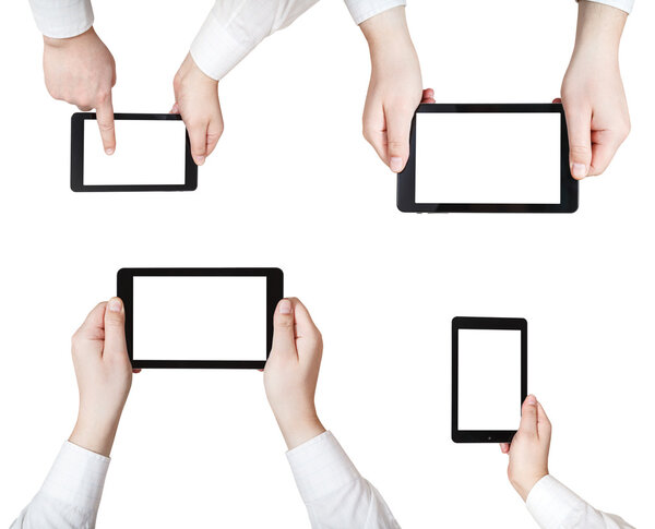 set of businessman hands with tablet pc isolated