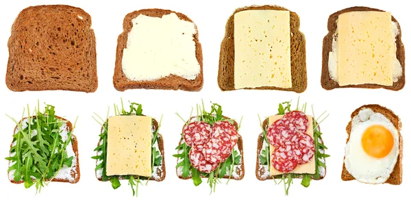 Σύνολο σάντουιτς από φρυγανισμένο ψωμί σίκαλης απομονωθεί — Φωτογραφία Αρχείου