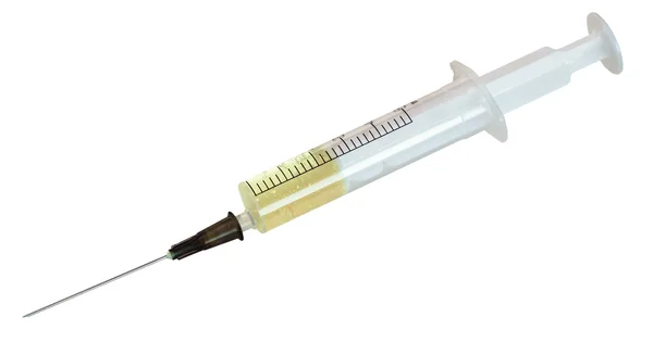 5 ml syringe filled with yellow infusion isolated — Stock Photo, Image