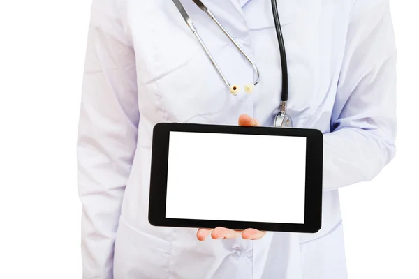 Nurse holds tablet pc with blank screen — Stock Photo, Image