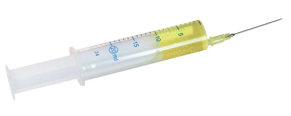 20 ml syringe filled with yellow infusion isolated — Stock Photo, Image