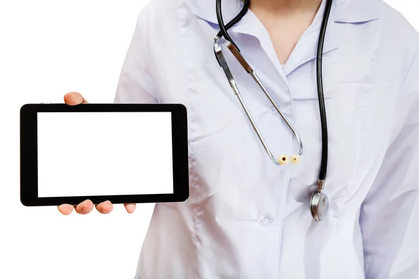 Nurse holds tablet pc with cut out screen — Stock Photo, Image