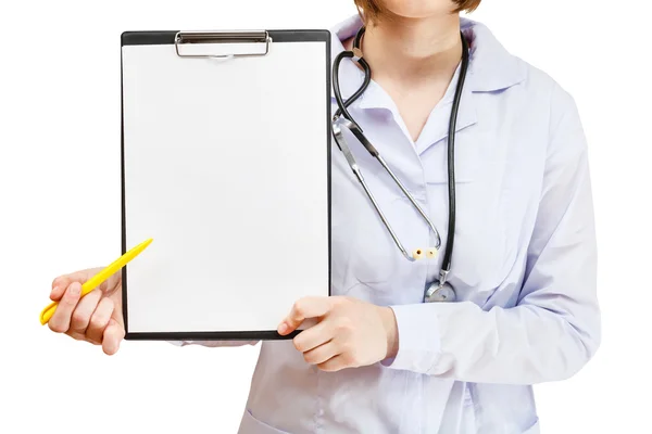 Nurse shows clipboard with blank paper isolated — Stock Photo, Image