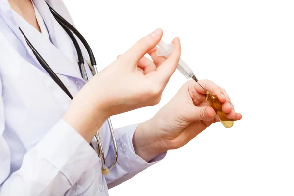 Nurse fills syringe from ampoule isolated — Stock Photo, Image