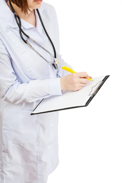 Doctor writes in clipboard isolated on white — Stock Photo, Image