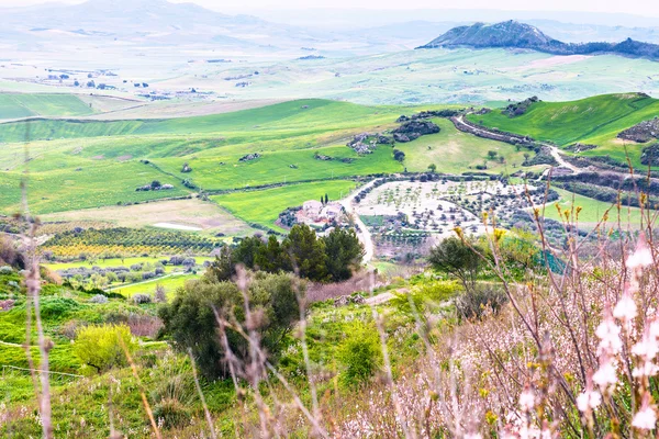 Verdi colline nella piovosa giornata primaverile in Sicilia — Foto Stock