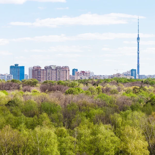 Stad en groene bossen in de lente — Stockfoto