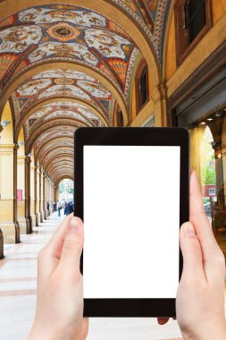 turist Fotoğraf portikosunun Bologna, İtalya