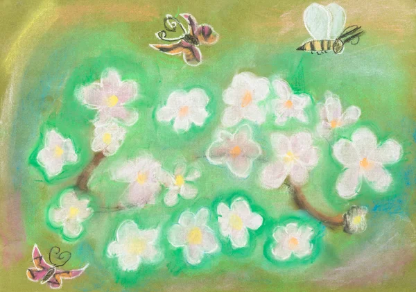 Children drawing - Butterflies fly over meadow — Stock Photo, Image