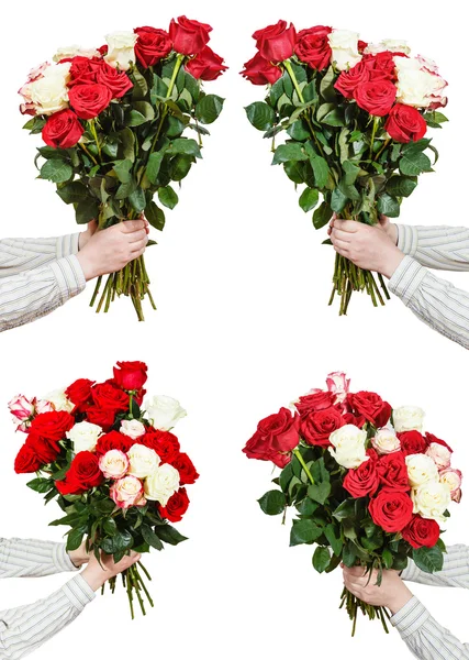 Set of bunches of many rose flowers in male hands — Stock Photo, Image