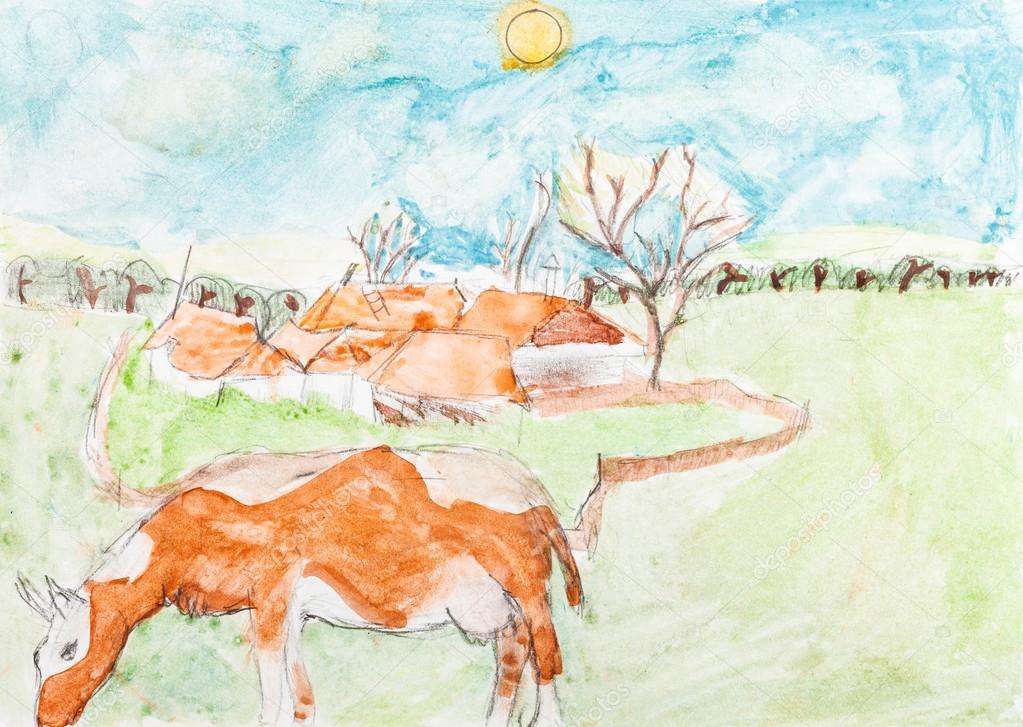 Dzieci Rysunku Krowa I Kraju Krajobraz Zdjęcie Stockowe