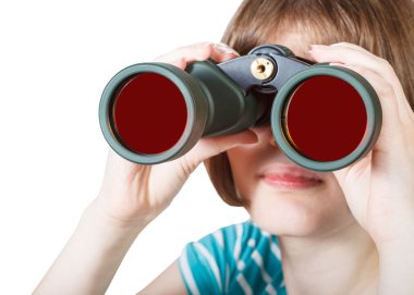 front view of girl looks through field glasses