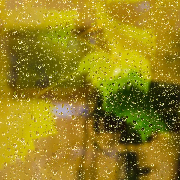 Fondo amarillo de las gotas de lluvia en el cristal de la ventana — Foto de Stock