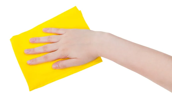 Mano con straccio di pulizia giallo isolato su bianco — Foto Stock