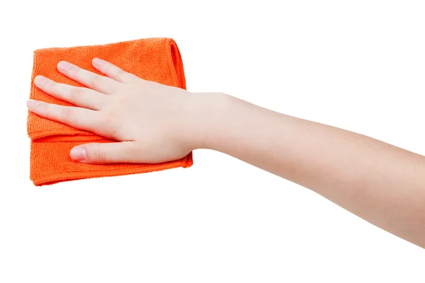 Hand mit orangefarbenem Wischlappen isoliert auf weiß — Stockfoto