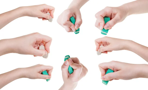 Set van handen met rubber gum close-up geïsoleerde — Stockfoto