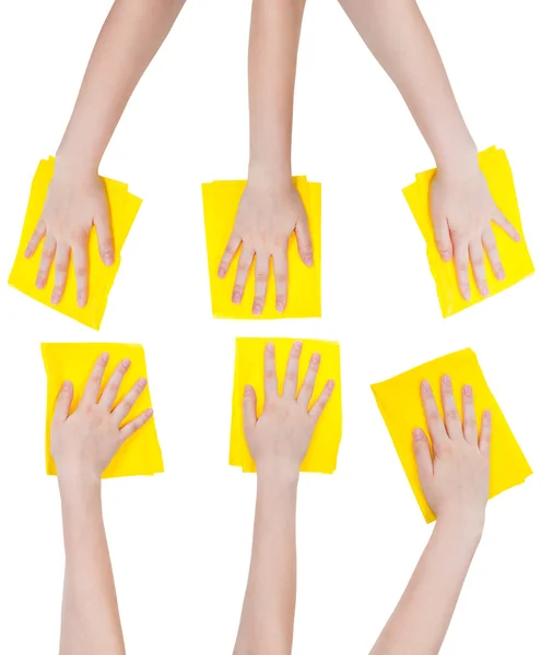 Set of hands with yellow fabric rags isolated — Stock Photo, Image