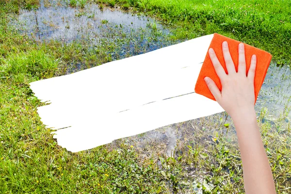 Hand deletes swamp by orange rag — Zdjęcie stockowe