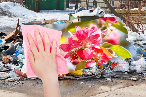手はピンクの布で都市ゴミ箱を削除します — ストック写真