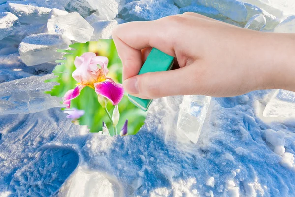 Hand deletes ice and snow by rubber eraser — Stock Photo, Image