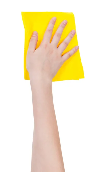 Hand with yellow washing rag isolated on white — Stock Photo, Image