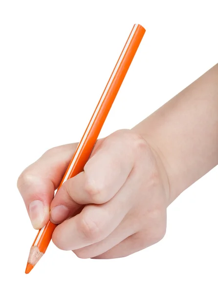 Hand schrijft door oranje potlood geïsoleerd — Stockfoto