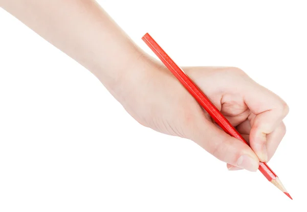 Hand writes by red pencil isolated on white — Stock Photo, Image