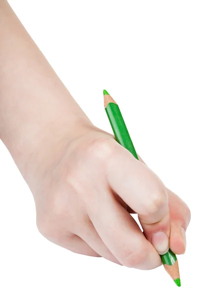 Χέρι τραβάει φύλλα από ξύλινα πράσινο μολύβι απομονωθεί — Φωτογραφία Αρχείου