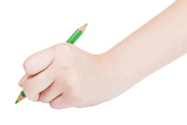 手上写上白色孤立的绿色铅笔 — 图库照片