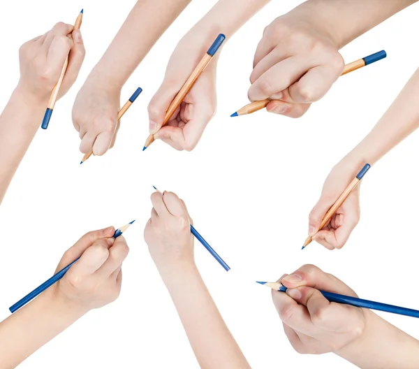 Conjunto de manos dibujar por lápiz azul aislado — Foto de Stock