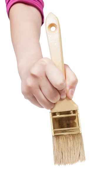 Front view of hand with clean flat paint brush — Stock Photo, Image