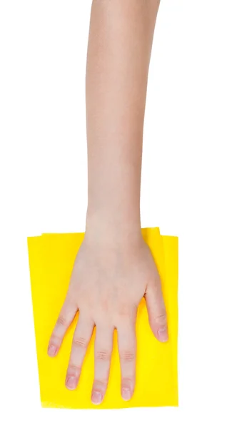 Κάτοψη του χεριού με κίτρινο καθαρισμού κουρέλι απομονωθεί — Φωτογραφία Αρχείου