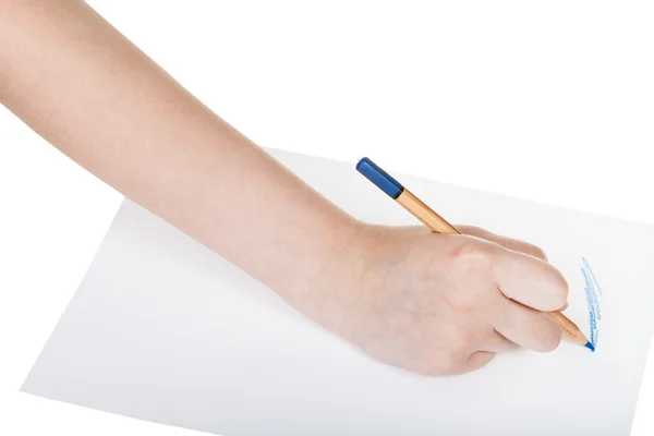 Hand drafts by wooden blue pencil on paper — Stock Photo, Image
