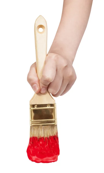 Direkter Blick auf die Hand des Malers mit rotem Pinsel — Stockfoto