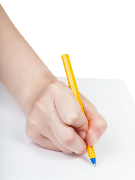 Hand schrijft door blauwe pen op een vel papier Rechtenvrije Stockfoto's
