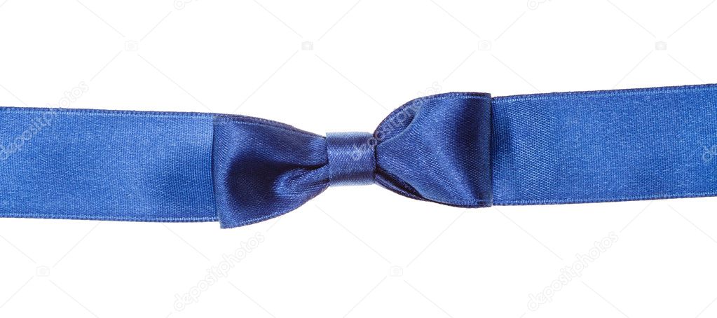 real blue bow knot on wide silk ribbon isolated