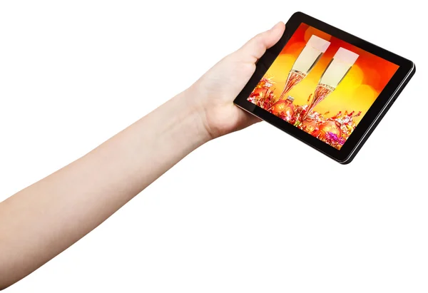 Hand holds tablet-pc with Xmas still life — Stock Photo, Image