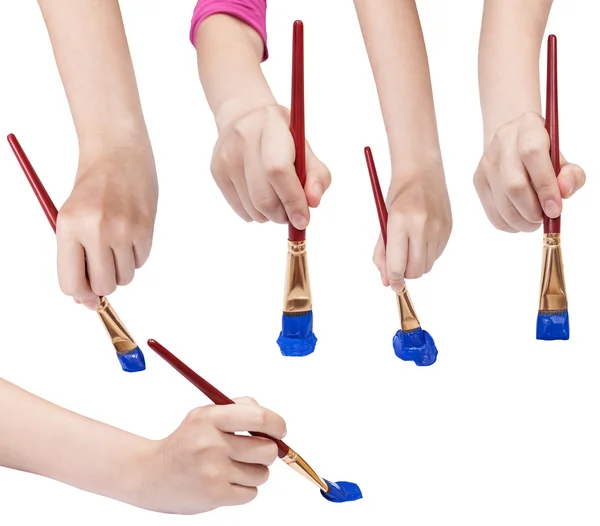 Serie di mani con pennelli artistici con punte blu — Foto Stock