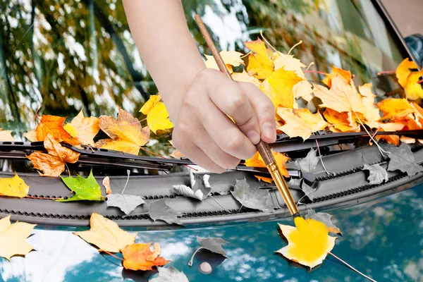 Кисть краски желтые листья на зеленой машине — стоковое фото