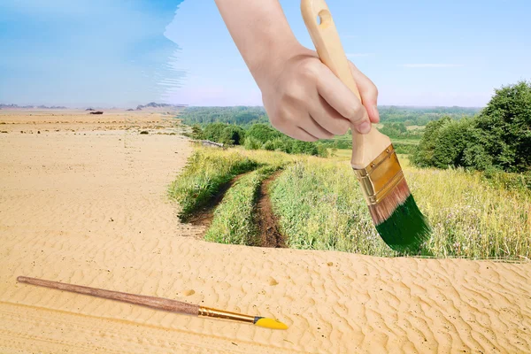 Pensel målar gröna landsbygden i sandöknen — Stockfoto