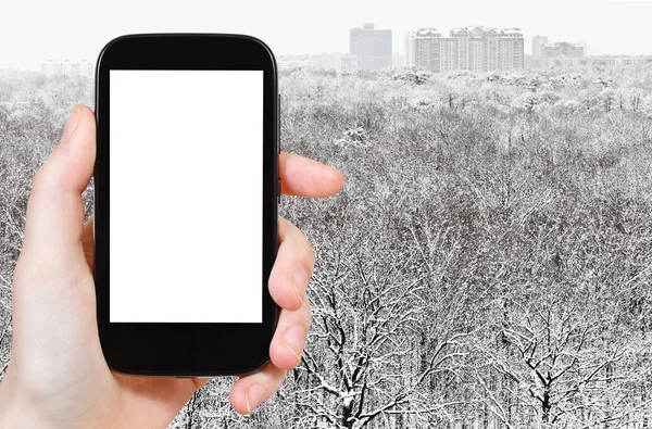 Smartphone en besneeuwd bos in de buurt van de stad — Stockfoto